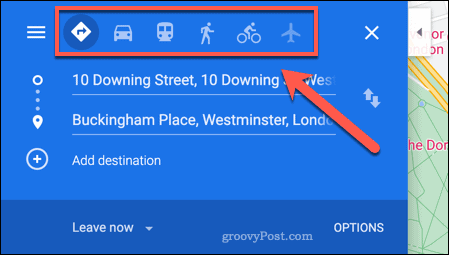 Options de voyage dans Google Maps