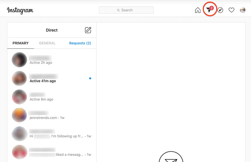 Capture d'écran du tableau de bord des messages directs instagram avec l'icône de l'avion en papier en surbrillance
