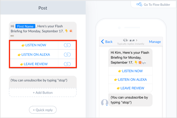 Composez un message dans ManyChat et ajoutez des boutons.
