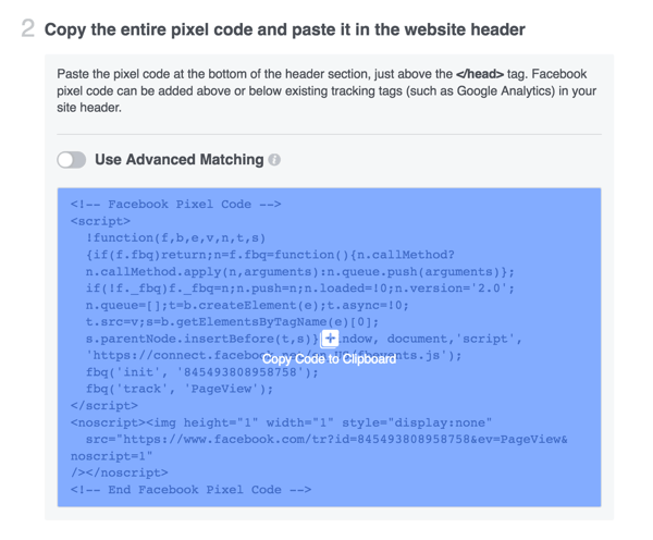 Copiez le code du pixel Facebook et installez-le sur votre site Web.