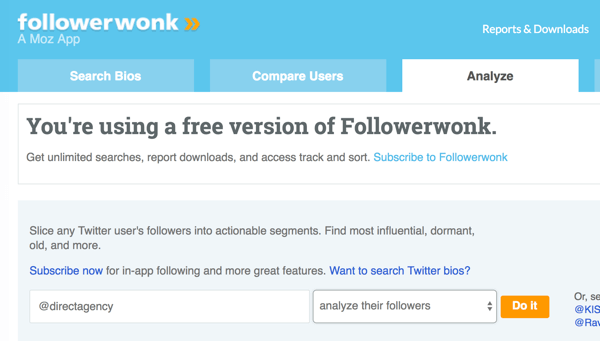 Sélectionnez le compte Twitter que vous souhaitez analyser avec Followerwonk.