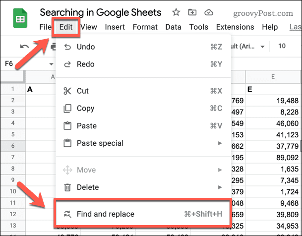 Ouverture de l'outil Rechercher et remplacer dans Google Sheets