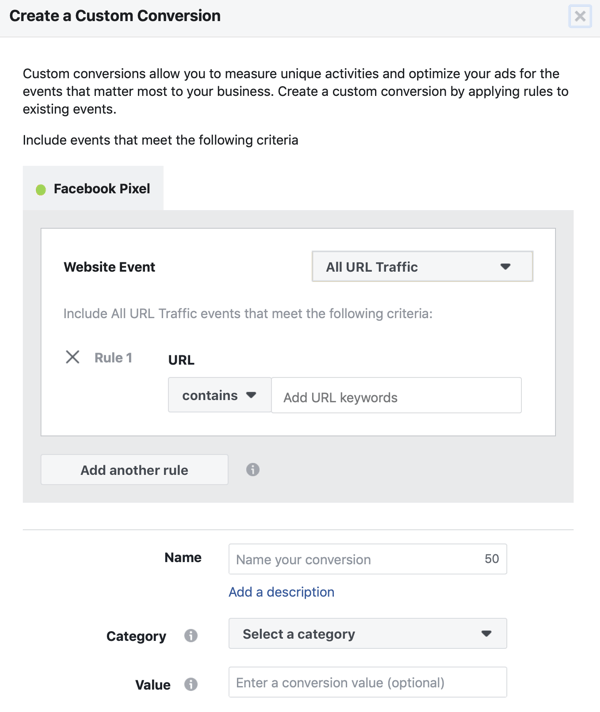 Utilisez l'outil de configuration des événements Facebook, étape 11, paramètre URL pour savoir quand votre conversion personnalisée se déclenchera