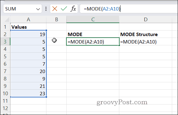 Exemple de formule MODE dans Excel