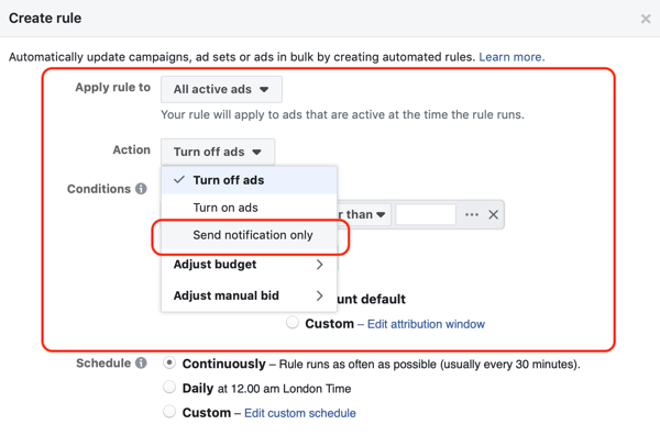 Utilisez les règles automatisées de Facebook, la notification lorsque la fréquence des annonces est supérieure à 2,1, étape 1, ensemble d'annonces et paramètres d'action