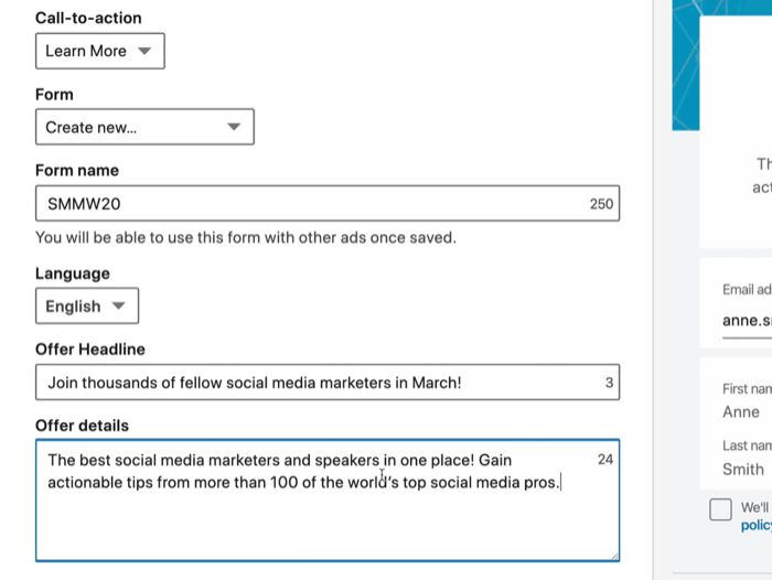 capture d'écran des champs du formulaire de génération de leads LinkedIn sélectionnés pour l'annonce LinkedIn