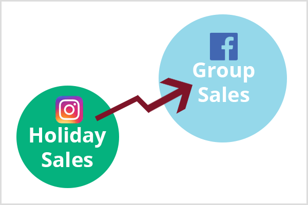 Un cercle vert plus petit avec le logo Instagram et le texte Holiday Sales apparaît dans le coin inférieur gauche. Une flèche marron relie le cercle vert à un cercle bleu plus grand avec le logo Facebook et le texte Group Sales.