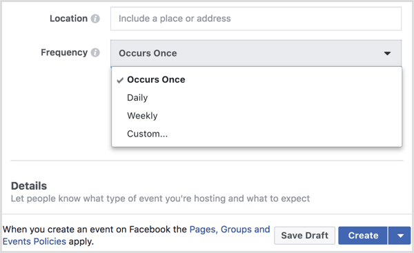 sélectionnez l'intervalle dans le menu Fréquence pour créer un événement récurrent avec la page Facebook