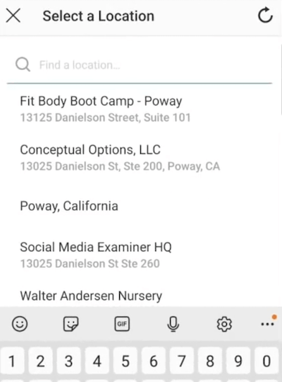 exemple de menu de l'option de sélection d'un emplacement pour la balise d'emplacement instagram