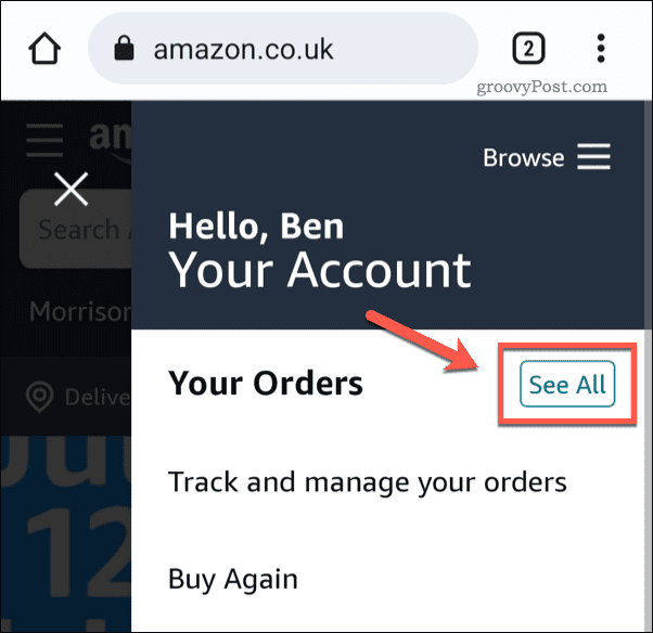 Voir toutes les commandes sur Amazon mobile
