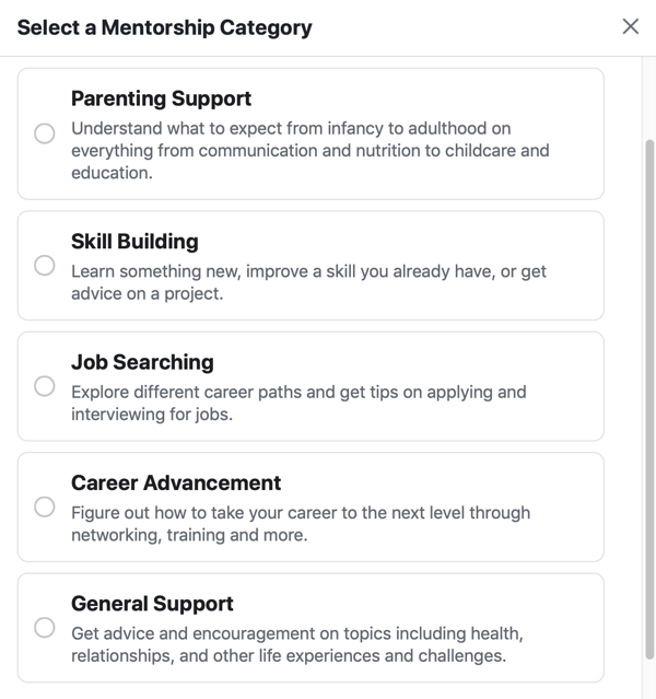 Comment améliorer votre communauté de groupe Facebook, exemple d'options de catégorie de mentorat Facebook