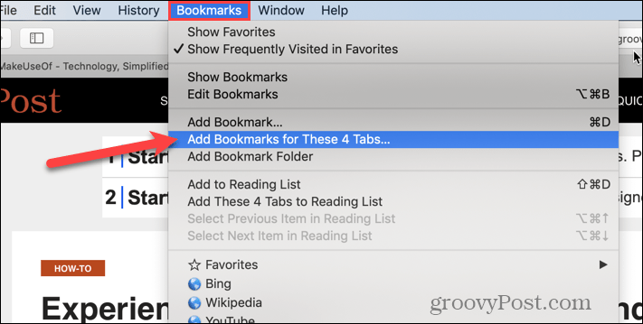 Sélectionnez Ajouter des signets pour ces onglets X dans Safari