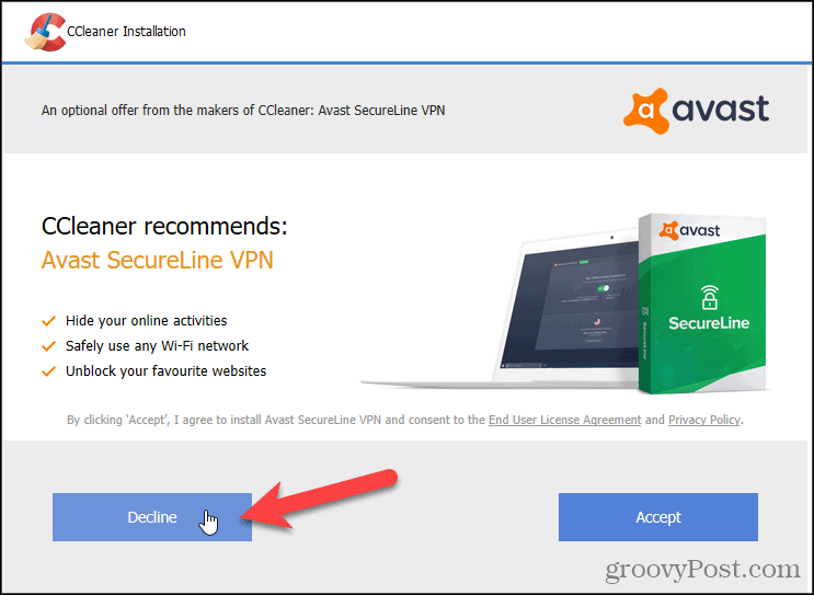 Refuser Avast VPN dans CCleaner