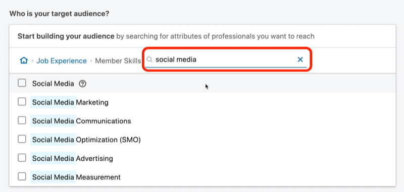 capture d'écran des résultats de recherche pour les compétences des membres des `` médias sociaux '' sur LinkedIn