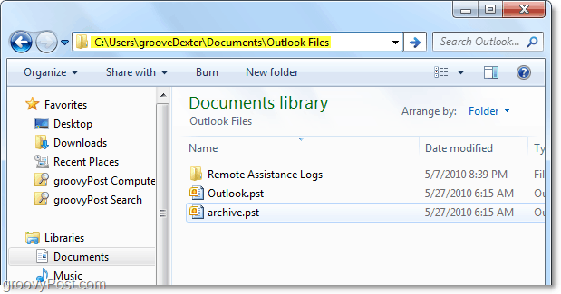 dossier de fichiers pst Outlook 2010 par défaut 