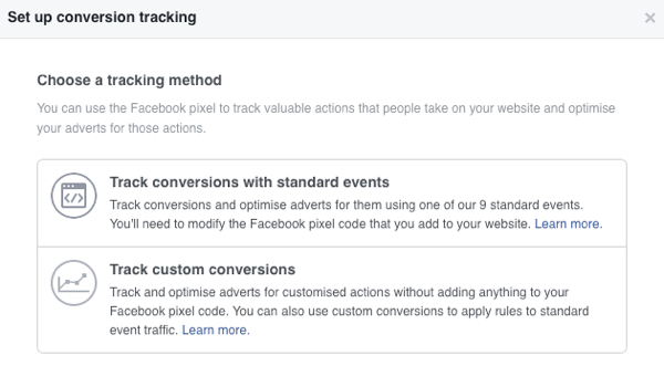 Vous pouvez choisir entre deux méthodes de suivi des conversions pour les publicités Facebook.