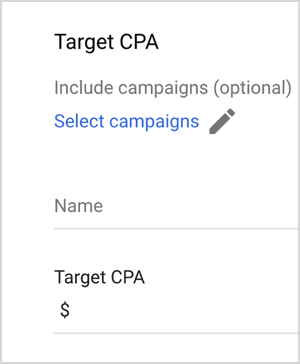 Voici une capture d'écran des options de CPA cible Google Ads. Ces options sont Inclure les campagnes (facultatif), Sélectionner les campagnes, Nom, CPA cible (avec une zone de texte pour saisir une valeur). Mike Rhodes affirme que les options d'enchères intelligentes de Google Ads, telles que le CPA cible, utilisent l'intelligence artificielle pour gérer les enchères.