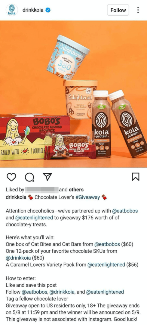 image d'une publication d'entreprise Instagram avec un cadeau co-marqué