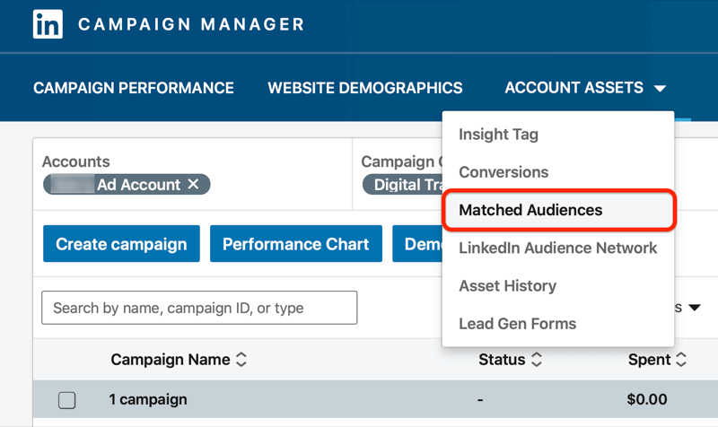 gestionnaire de campagne linkedin avec l'option de menu Audiences correspondantes en surbrillance