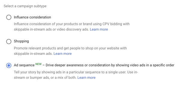 Comment configurer une campagne publicitaire YouTube, étape 39, option pour définir le séquencement des publicités