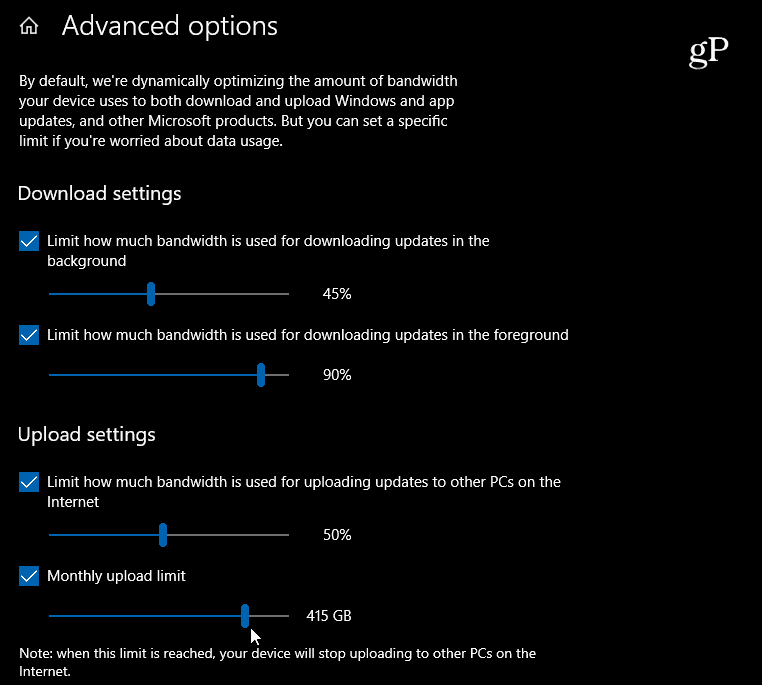 Windows 10 Définir les paramètres de téléchargement et de téléchargement de la bande passante
