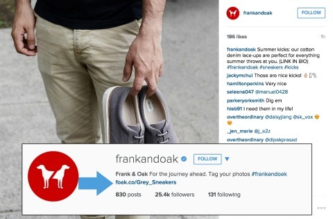 Exemple de Frank et Oak d'ajout de liens vers votre bio Instagram