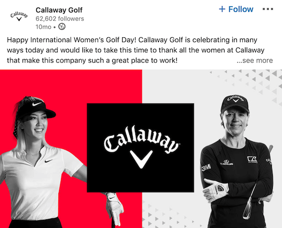 Publication de la page LinkedIn de Callaway Golf pour la Journée internationale de la femme