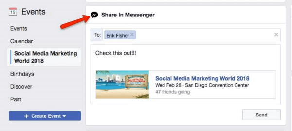 Facebook invite les utilisateurs à partager un événement découvert dans Facebook avec d'autres utilisateurs de Messenger.
