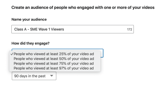 linkedin créer des détails d'audience tels que le nom de l'audience, la source d'engagement et la période de temps pour cet engagement