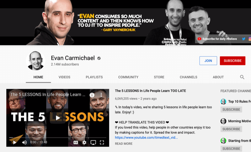 Page de chaîne YouTube pour Evan Carmichael