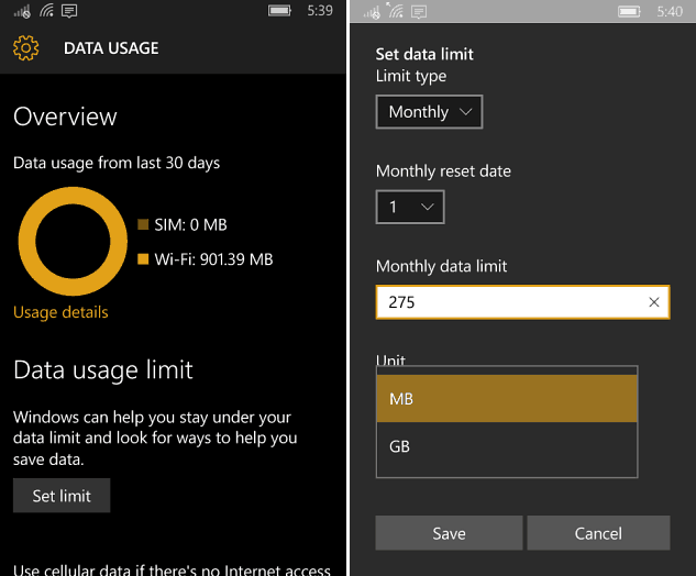 Utilisation des données Windows 10 Mobile
