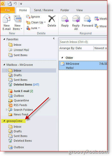 Capture d'écran d'Outlook 2010 comment ajouter une boîte aux lettres supplémentaire