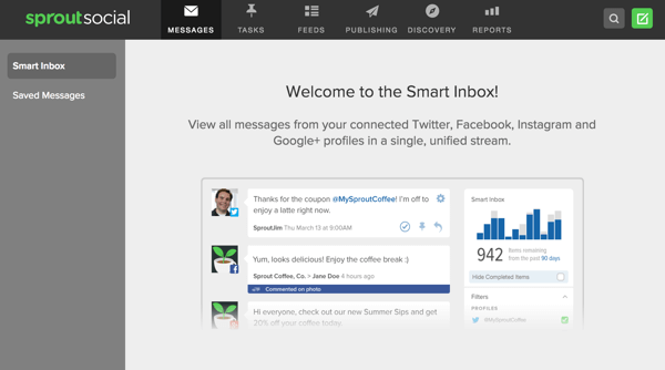 Sprout Social propose une boîte de réception intelligente qui vous permet d'afficher les messages de plusieurs profils sociaux en un seul endroit.