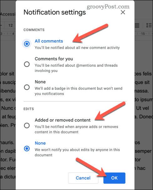 Définir les paramètres de notification dans Google Docs