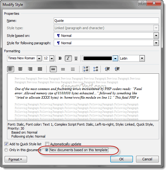 Raccourcis clavier de style personnalisé Word 2010