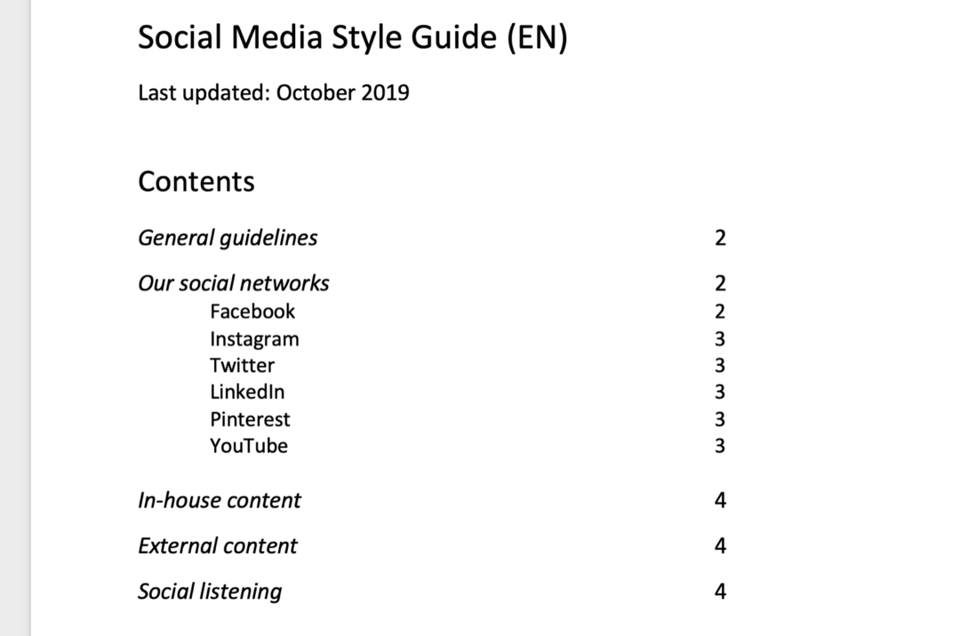 capture d'écran de la table des matières du guide de style des médias sociaux