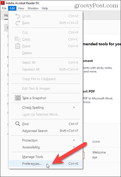 Sélectionnez Préférences dans le menu Edition d'Adobe Acrobat Reader
