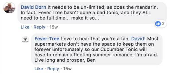 Exemple d'un Fever-Tree répondant à un commentaire sur une publication Facebook.
