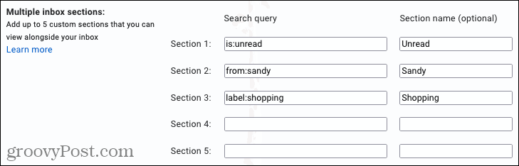 Créer les sections Boîte de réception