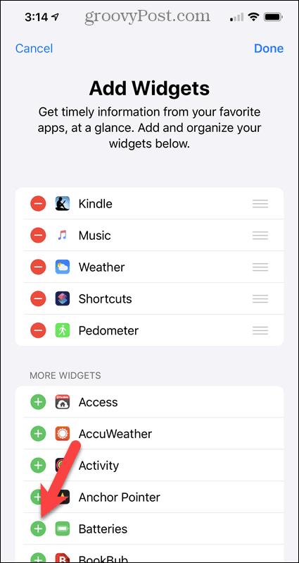 Ajoutez le widget Batteries à l'écran Widgets de l'iPhone