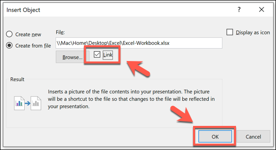Insertion d'une feuille de calcul Excel dans PowerPoint avec l'option de lien activée