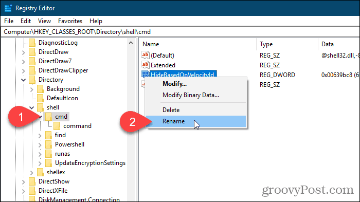 Sélectionnez Renommer pour la valeur HideBasedOnVelocityId dans l'éditeur de registre Windows