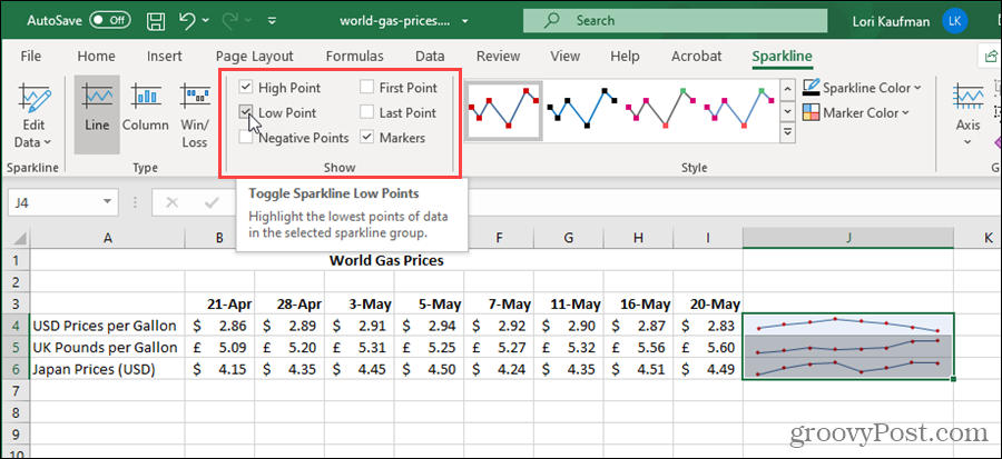 Afficher les options pour les graphiques sparkline dans Excel