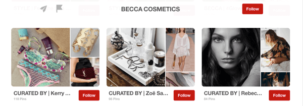 Exemple de tableaux d'invités sur Pinterest organisés par des influenceurs pour Becca Cosmetics.