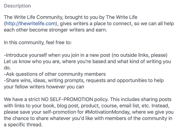 Comment améliorer votre communauté de groupe Facebook, exemple de description de groupe Facebook et de règles par The Write Life Community
