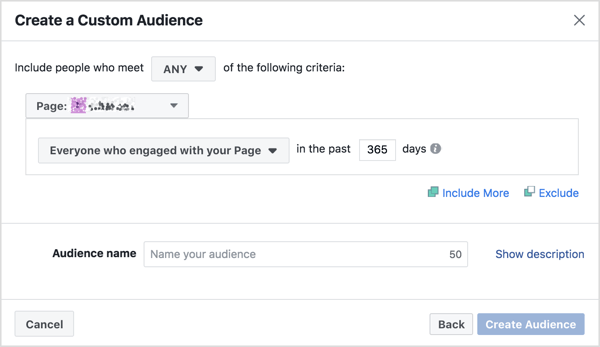 Remplissez les critères pour une audience personnalisée d'engagement de page Facebook.