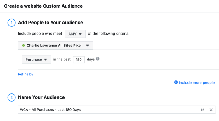configurer l'audience personnalisée du site Web Facebook des visiteurs qui ont acheté au cours des 180 derniers jours