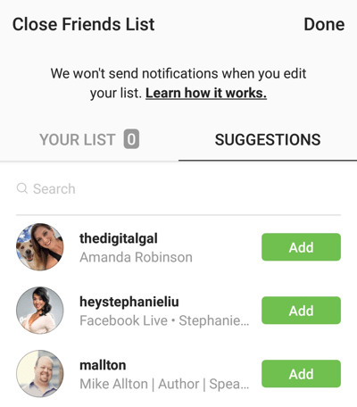 Option pour cliquer sur Ajouter pour ajouter un ami à votre liste d'amis proches sur Instagram.
