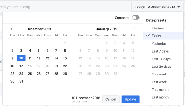 Option pour définir la plage de dates pour votre rapport d'achat et de ROAS Facebook Ads Manager.