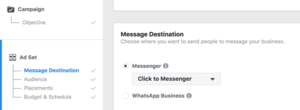 Annonces Facebook Click to Messenger, étape 1.